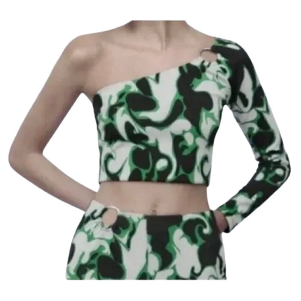 Women's L NWT Zara Jacquard One Shoulder Top Retro Crop Geometric Green